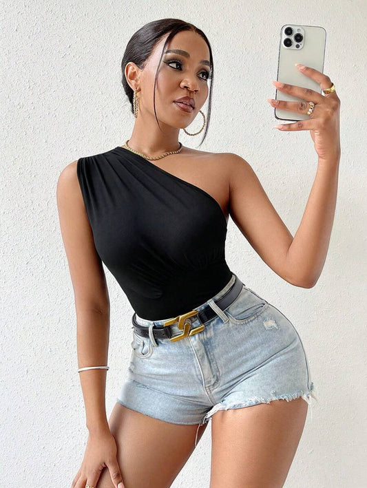 Black One-Shoulder Ruched Top