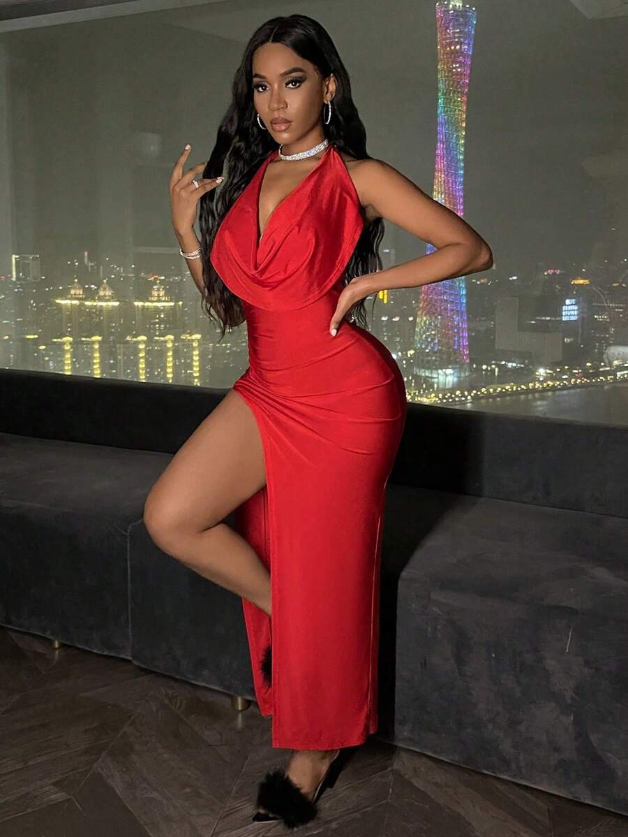 Scarlet Drape Slit Gown