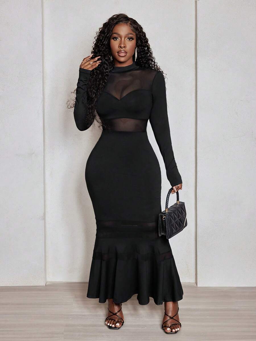 Noir Mesh Fishtail Gown