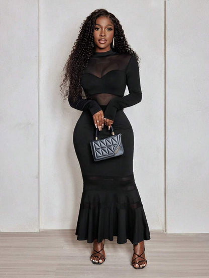 Noir Mesh Fishtail Gown