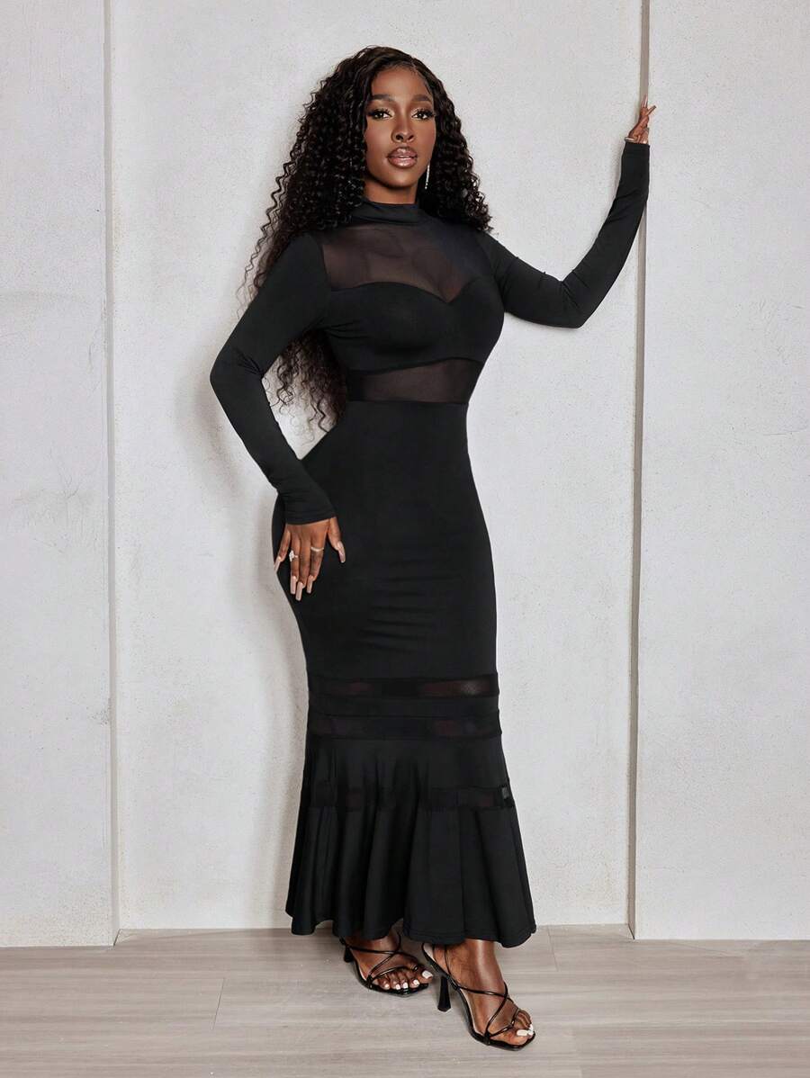 Noir Mesh Fishtail Gown