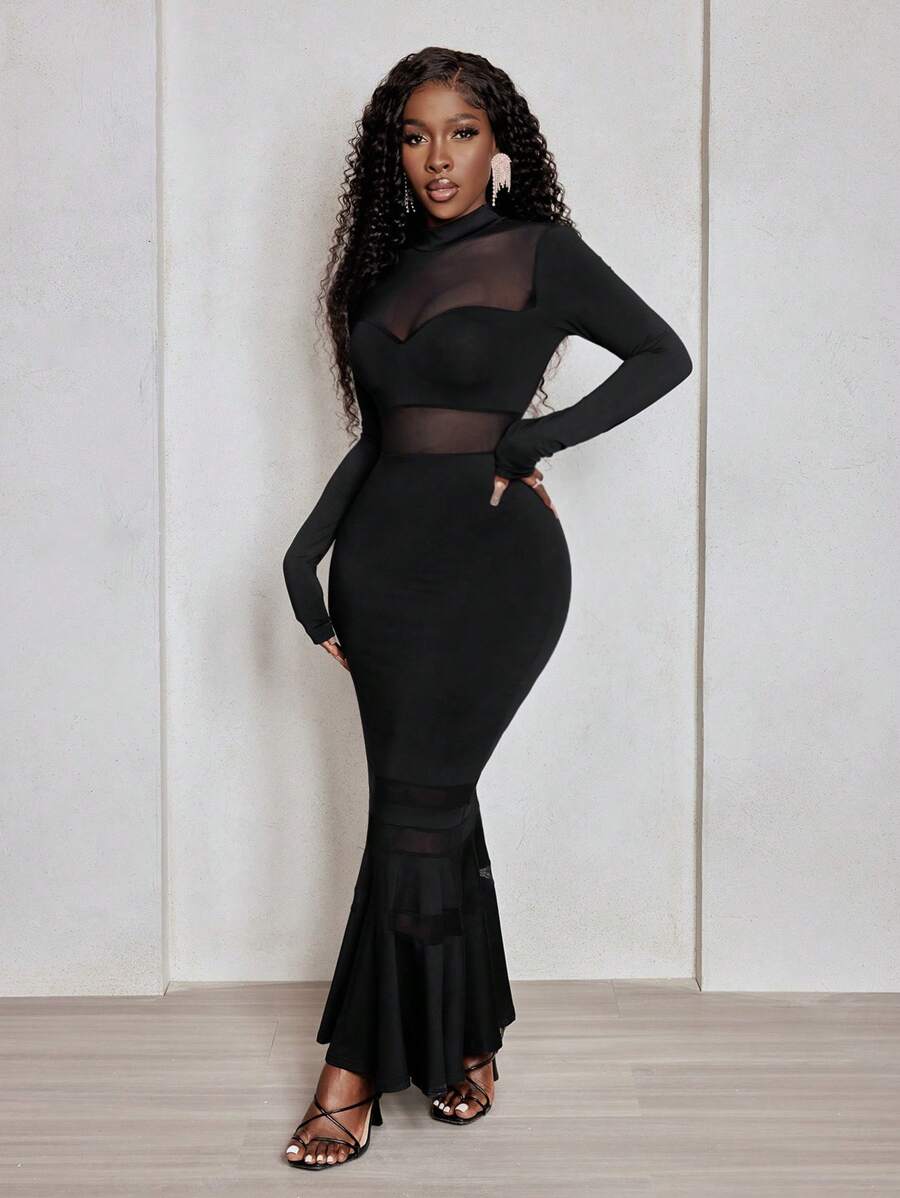 Noir Mesh Fishtail Gown