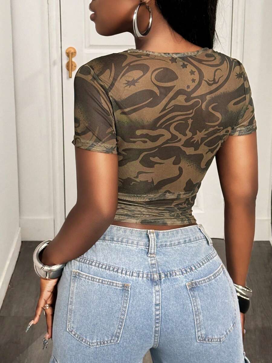 Urban Camo Rhinestone Mesh Top