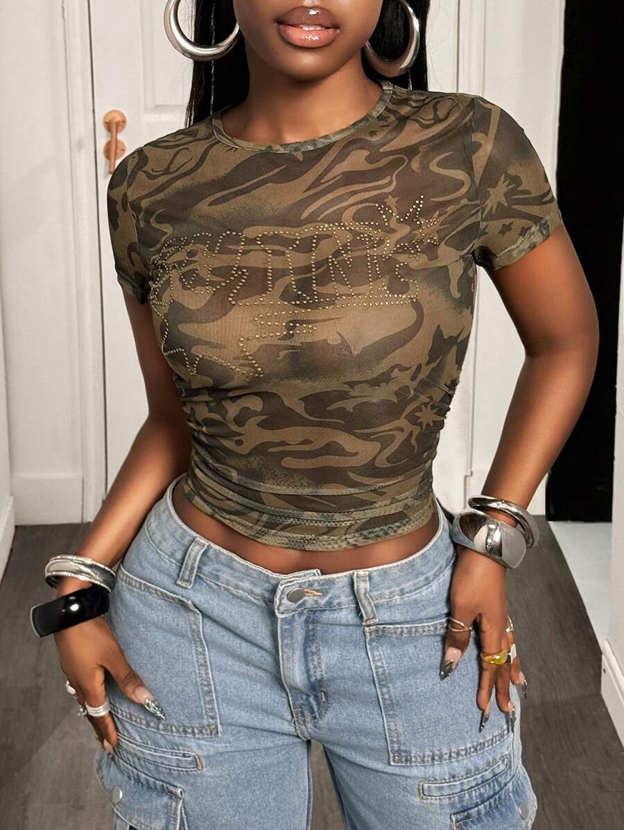 Urban Camo Rhinestone Mesh Top