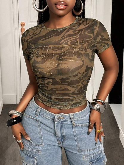Urban Camo Rhinestone Mesh Top