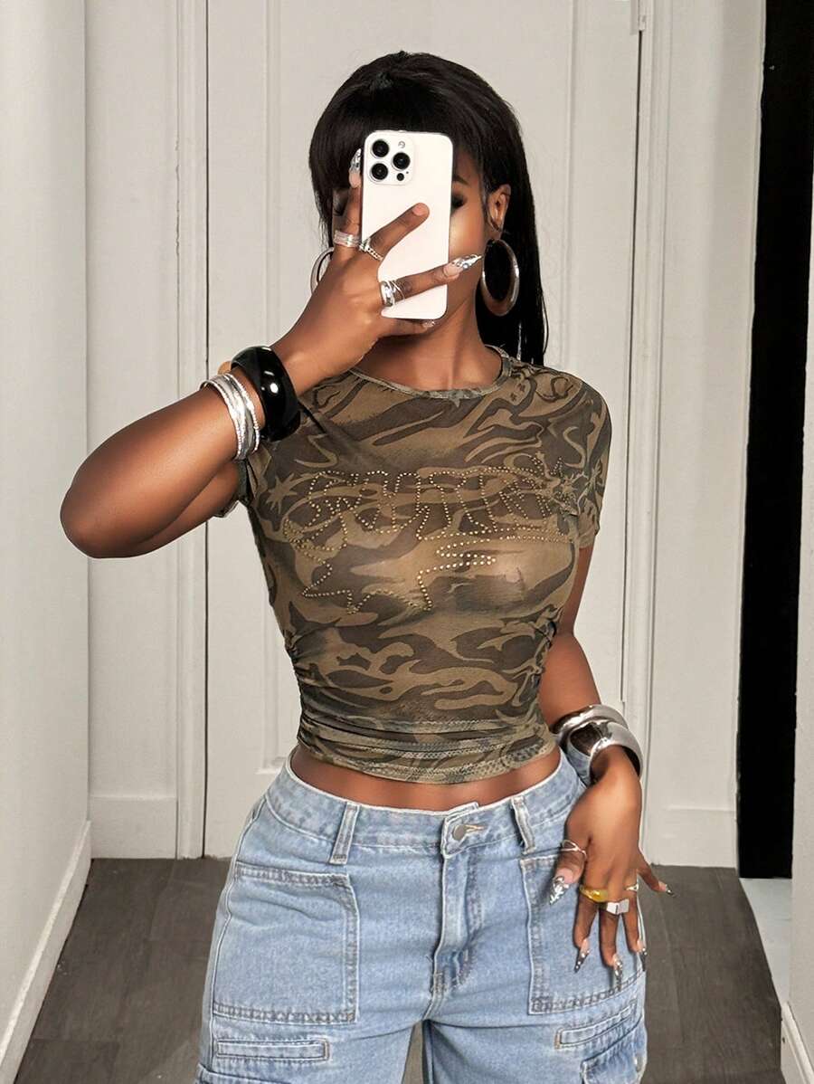 Urban Camo Rhinestone Mesh Top