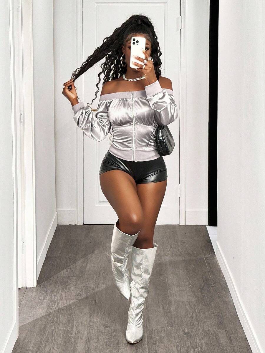 Silver Muse Off-Shoulder Zip Top