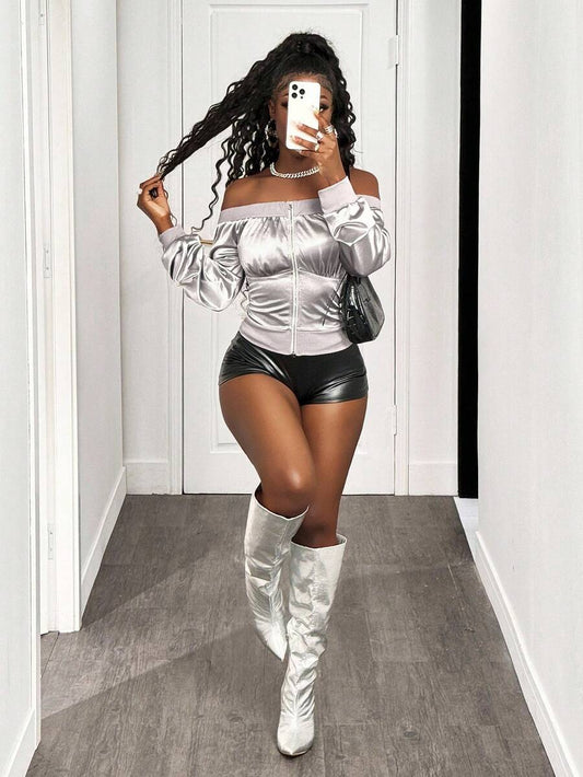 Silver Muse Off-Shoulder Zip Top