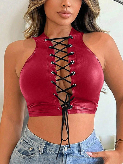Midnight Lace-Up Faux Leather Top