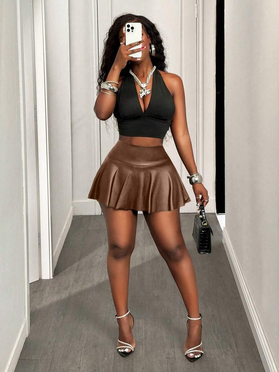 Faux Leather Flare Skort