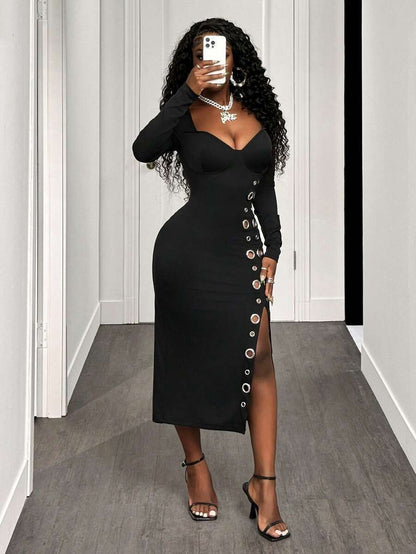 Midnight Charm Grommet Midi Dress