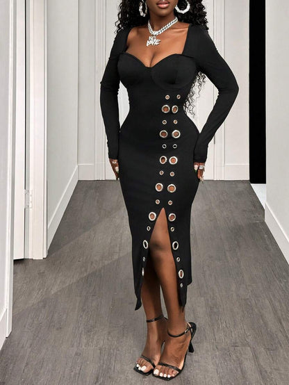 Midnight Charm Grommet Midi Dress