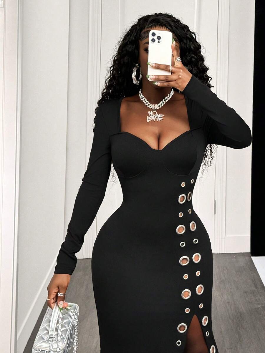 Midnight Charm Grommet Midi Dress