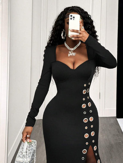 Midnight Charm Grommet Midi Dress