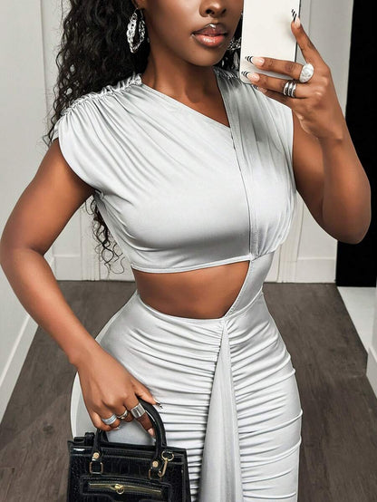 Silver Pleat Cutout Gown