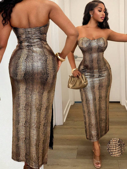 Gilded Texture Strapless Midi