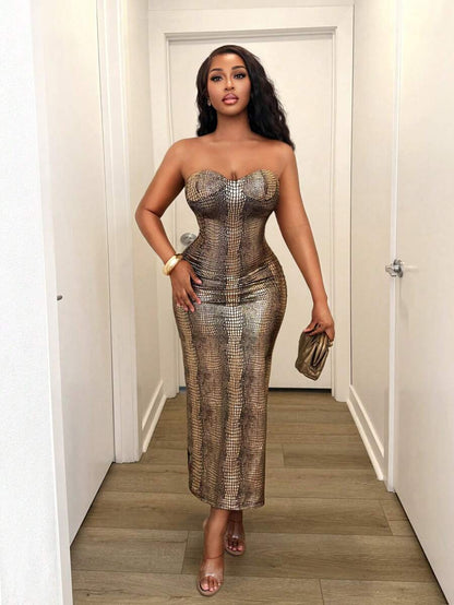 Gilded Texture Strapless Midi