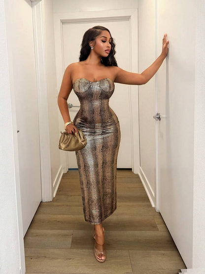 Gilded Texture Strapless Midi