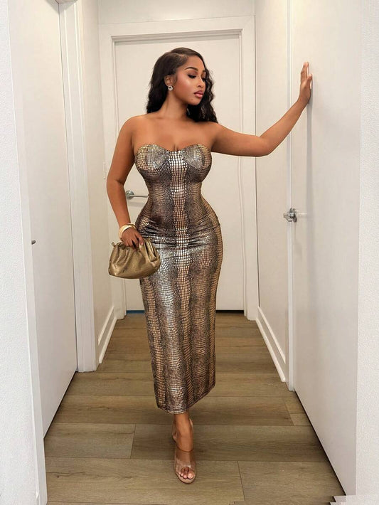 Gilded Texture Strapless Midi