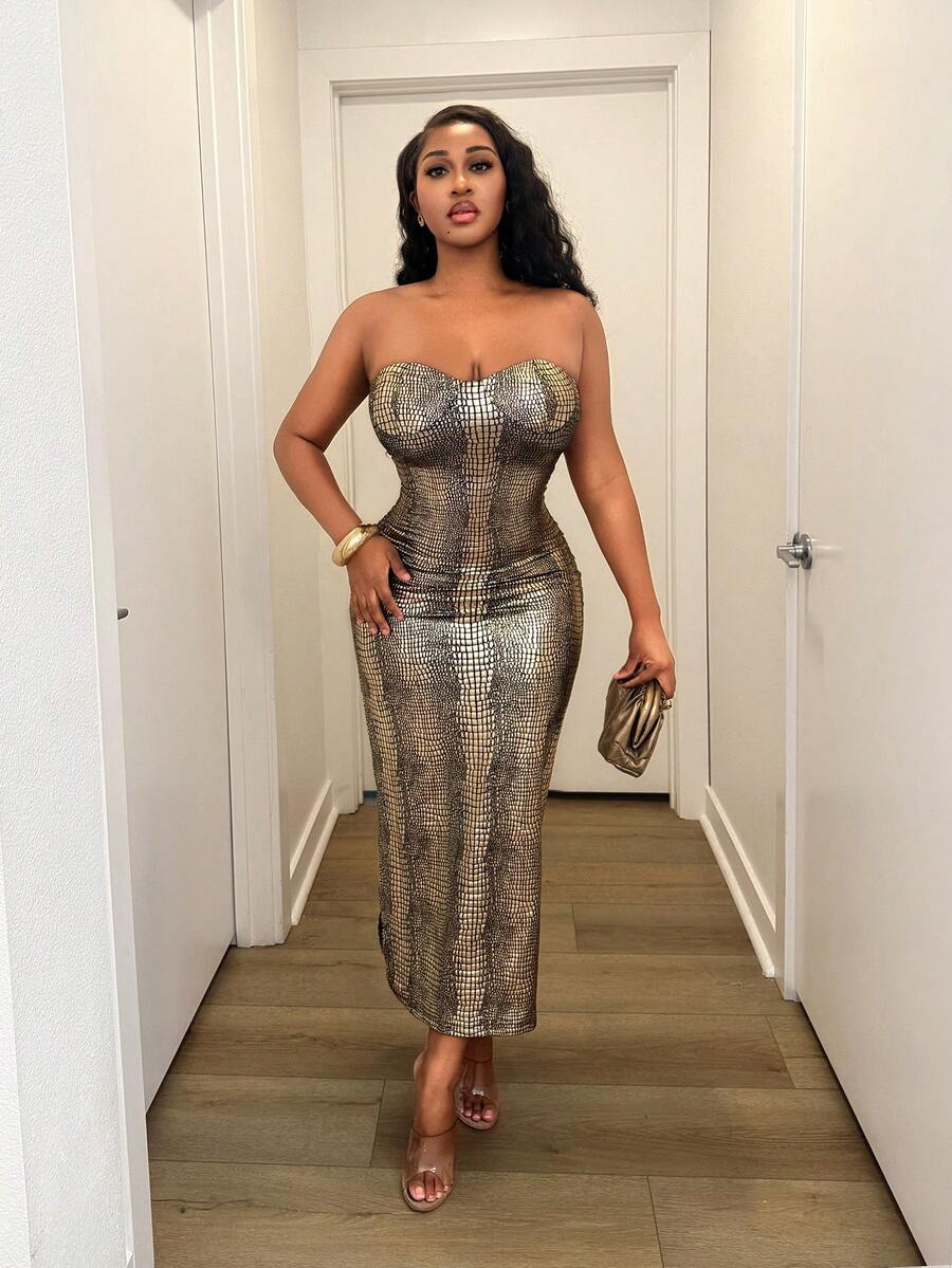 Gilded Texture Strapless Midi