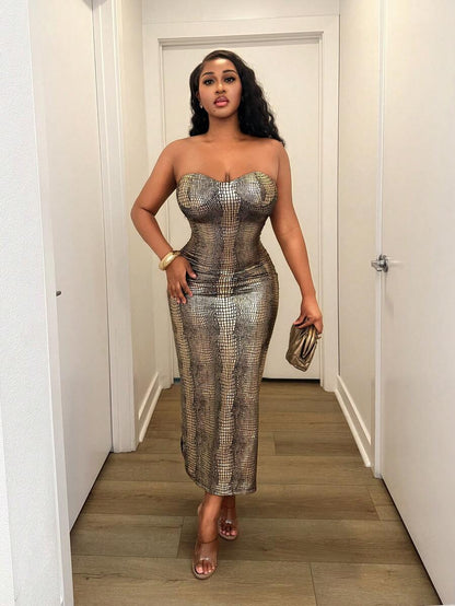 Gilded Texture Strapless Midi