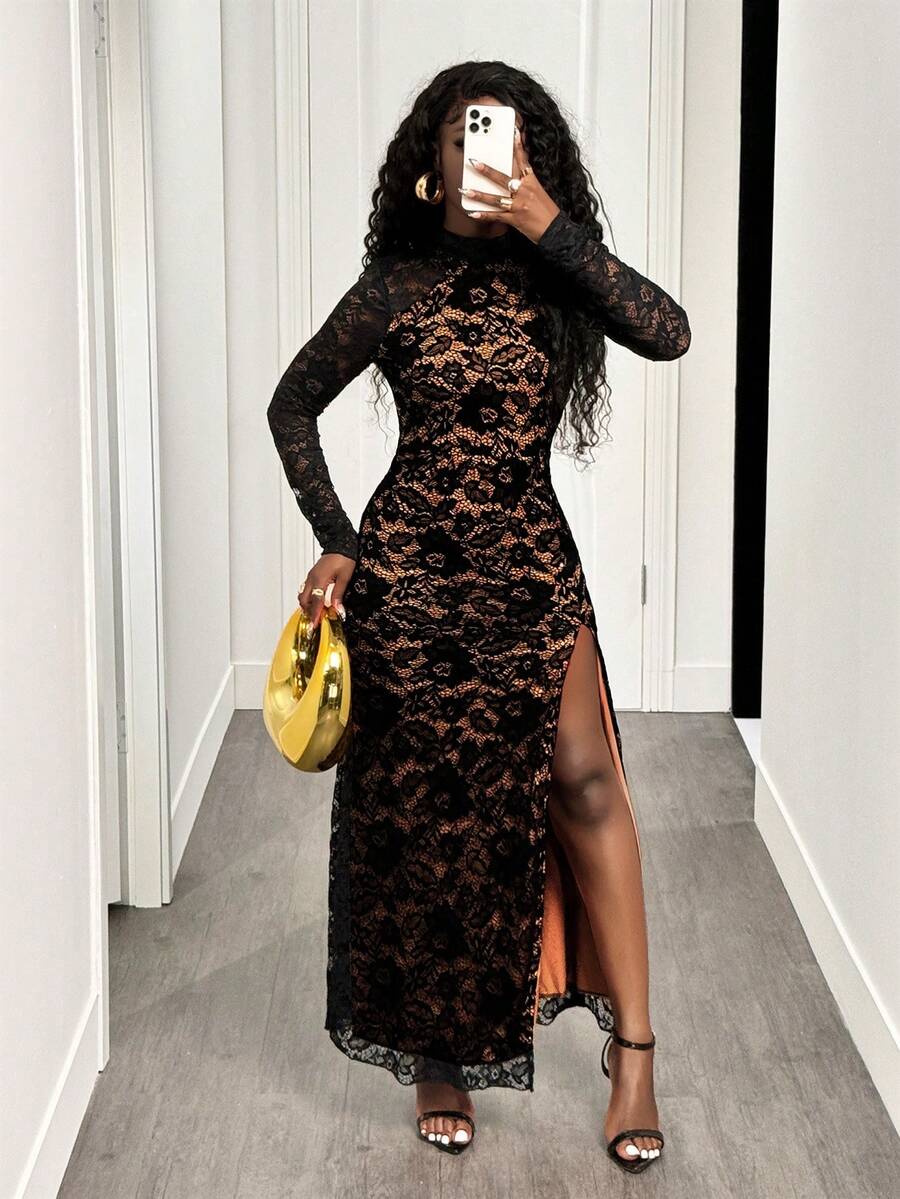 Baroque Lace Slit Gown