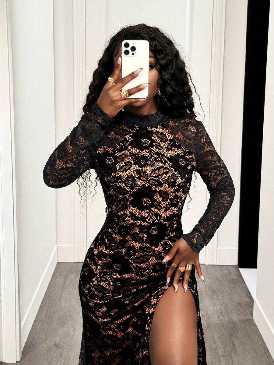 Baroque Lace Slit Gown