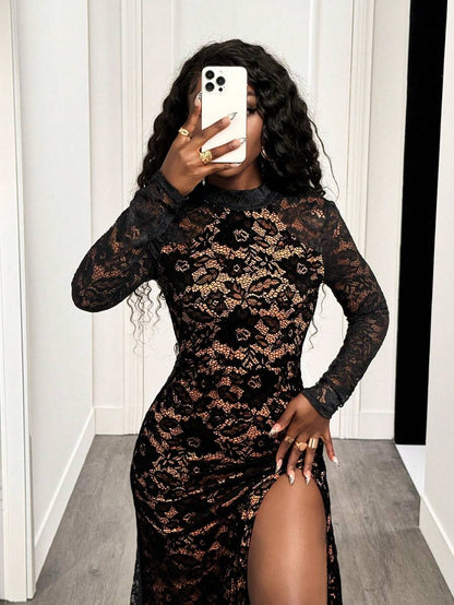 Baroque Lace Slit Gown