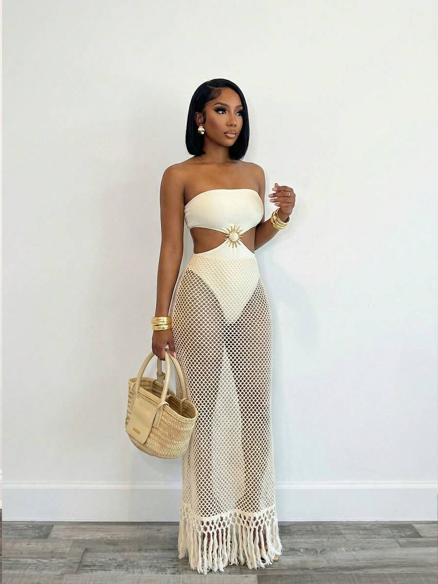 Ivory Sunburst Fishnet Maxi Dress