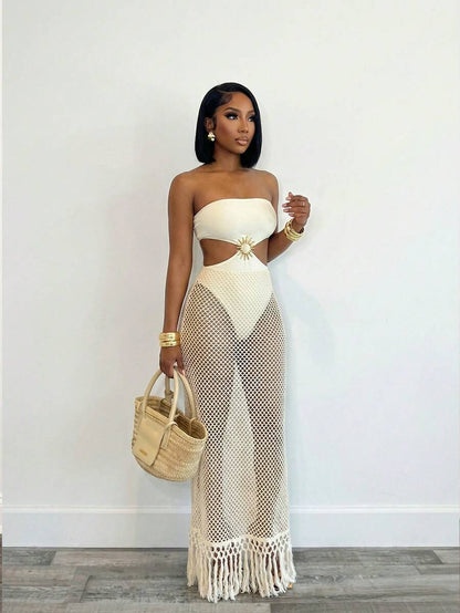 Ivory Sunburst Fishnet Maxi Dress