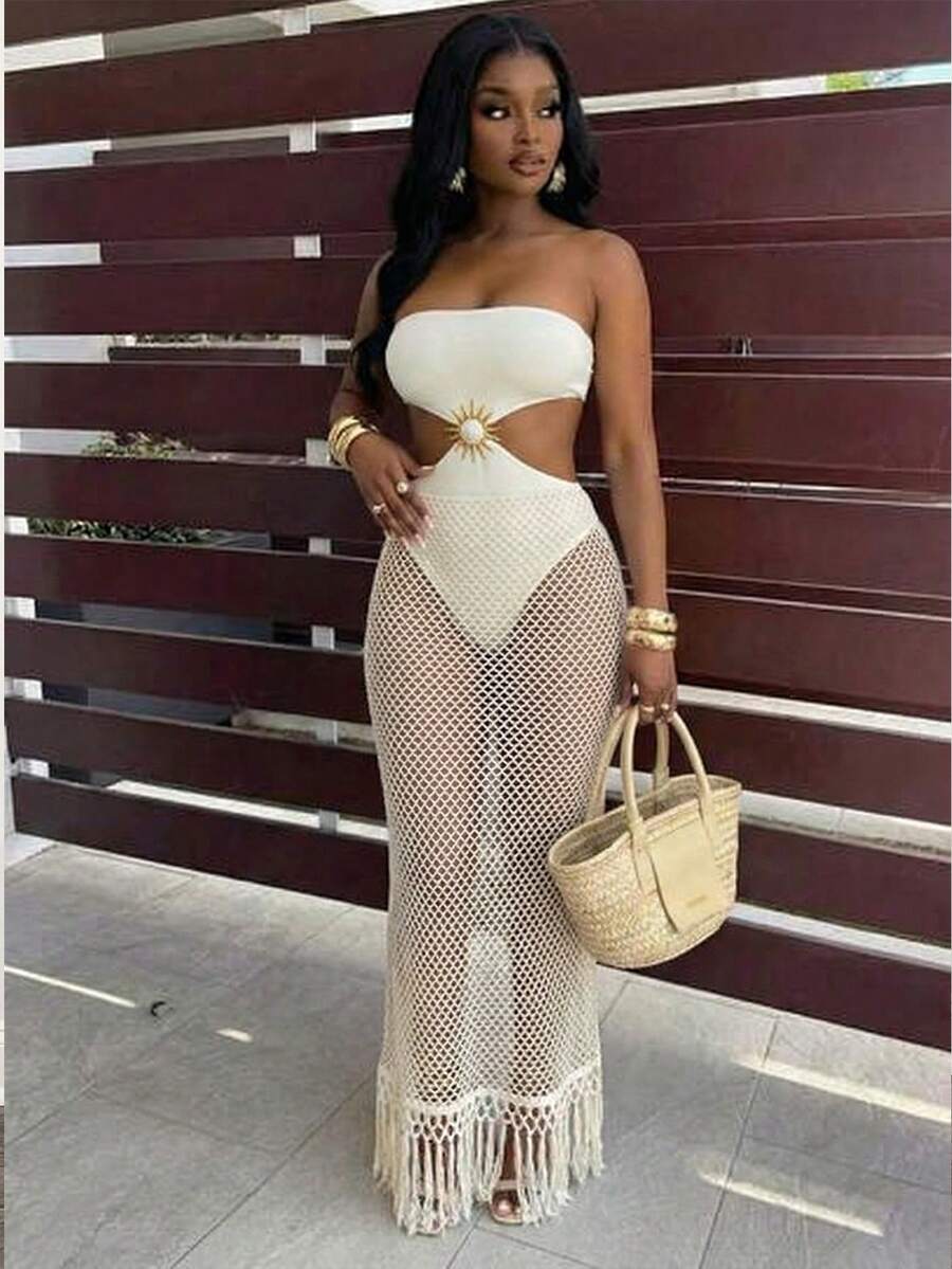 Ivory Sunburst Fishnet Maxi Dress
