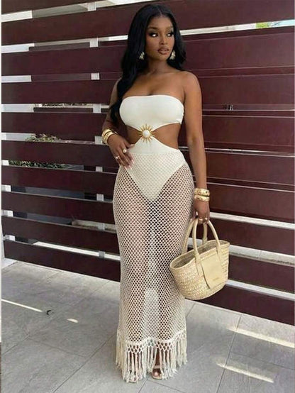 Ivory Sunburst Fishnet Maxi Dress