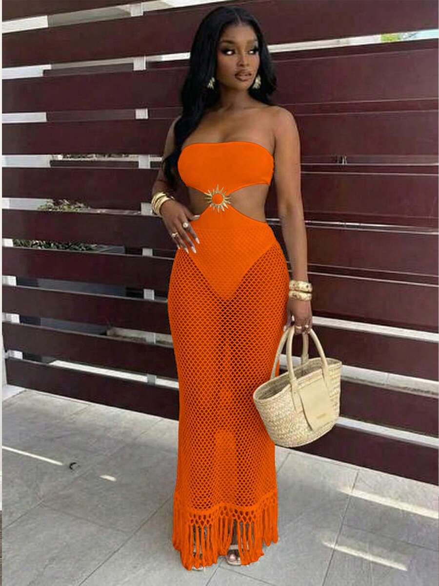 Ivory Sunburst Fishnet Maxi Dress