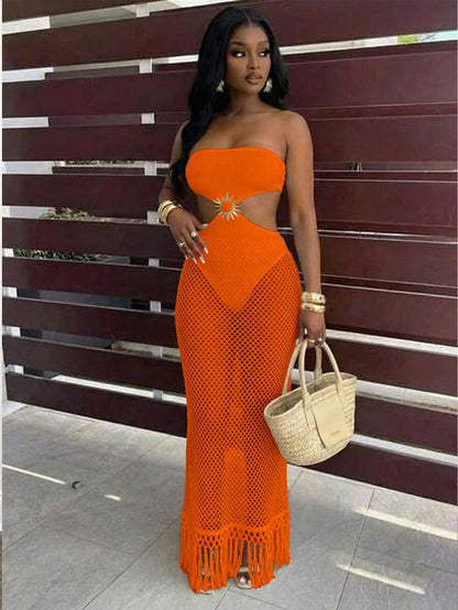 Ivory Sunburst Fishnet Maxi Dress