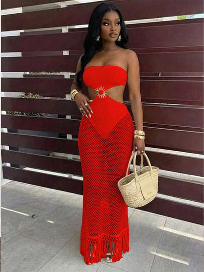 Ivory Sunburst Fishnet Maxi Dress