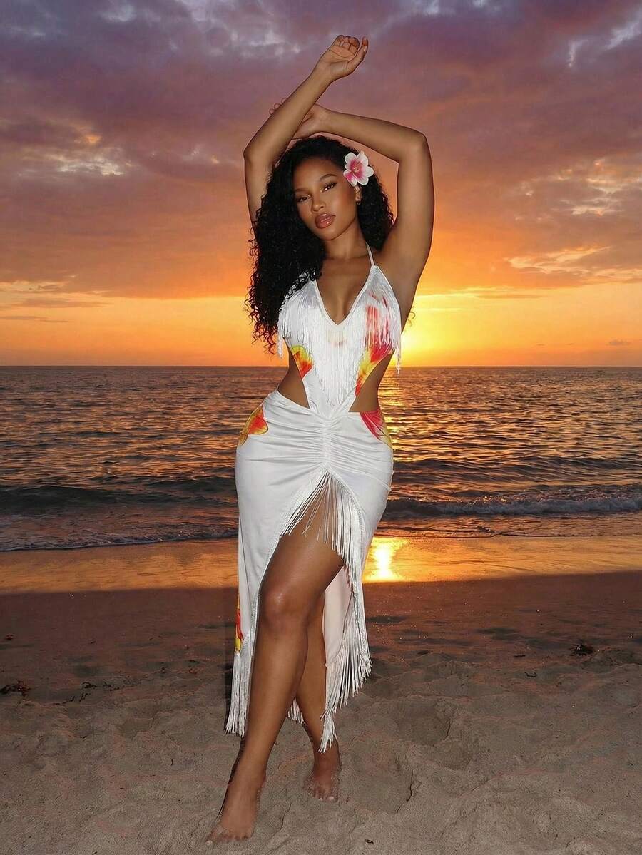 Island Sunset Fringe Maxi Dress