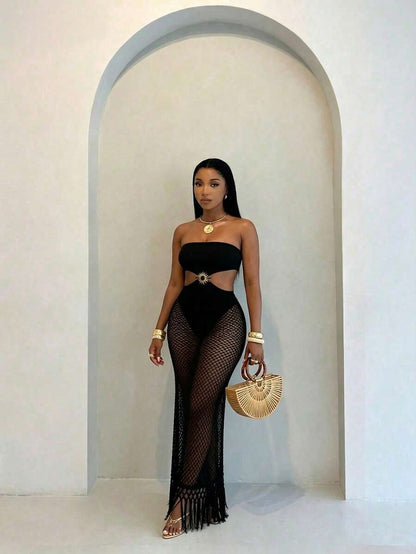 Ivory Sunburst Fishnet Maxi Dress