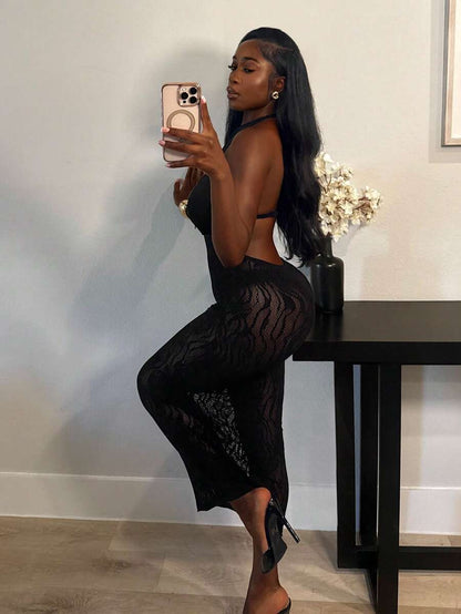 Midnight Curve Mesh Halter Dress