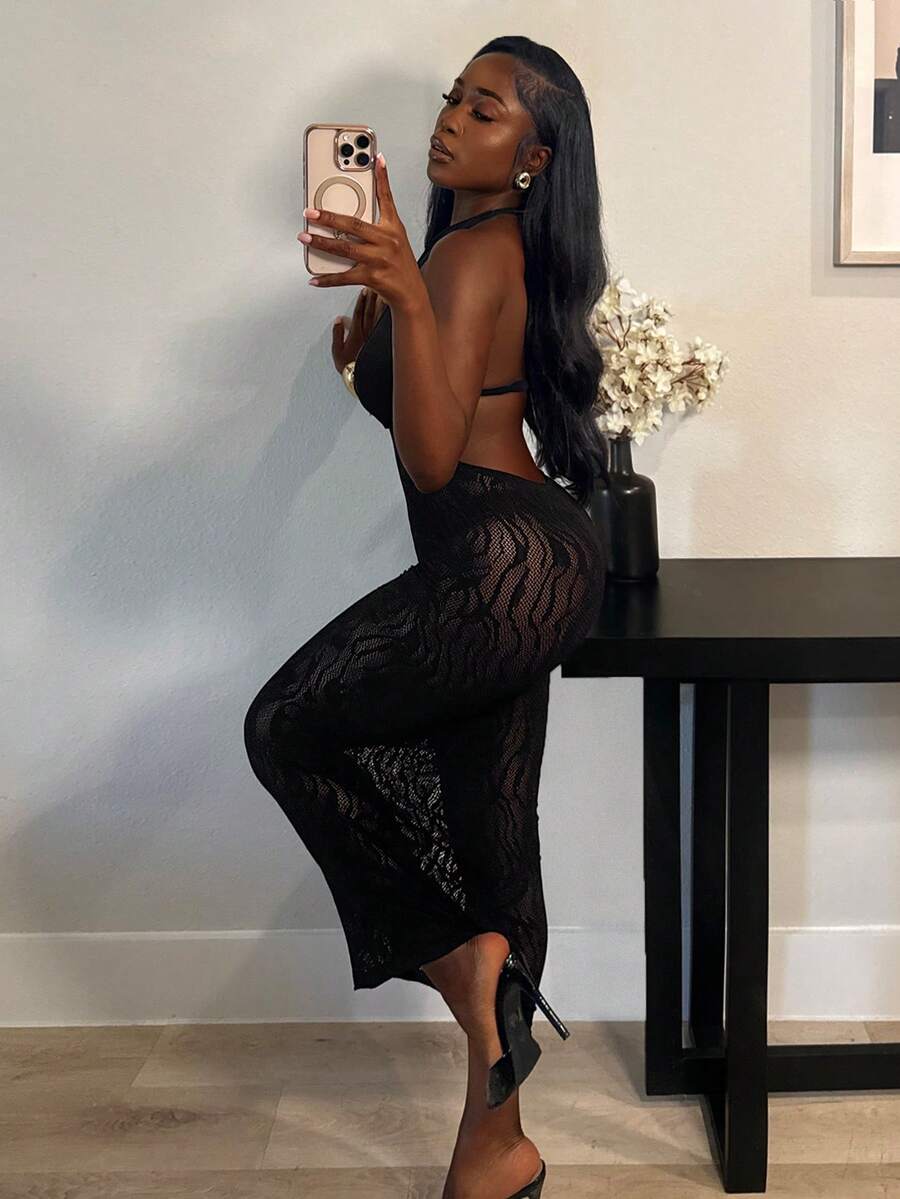 Midnight Curve Mesh Halter Dress