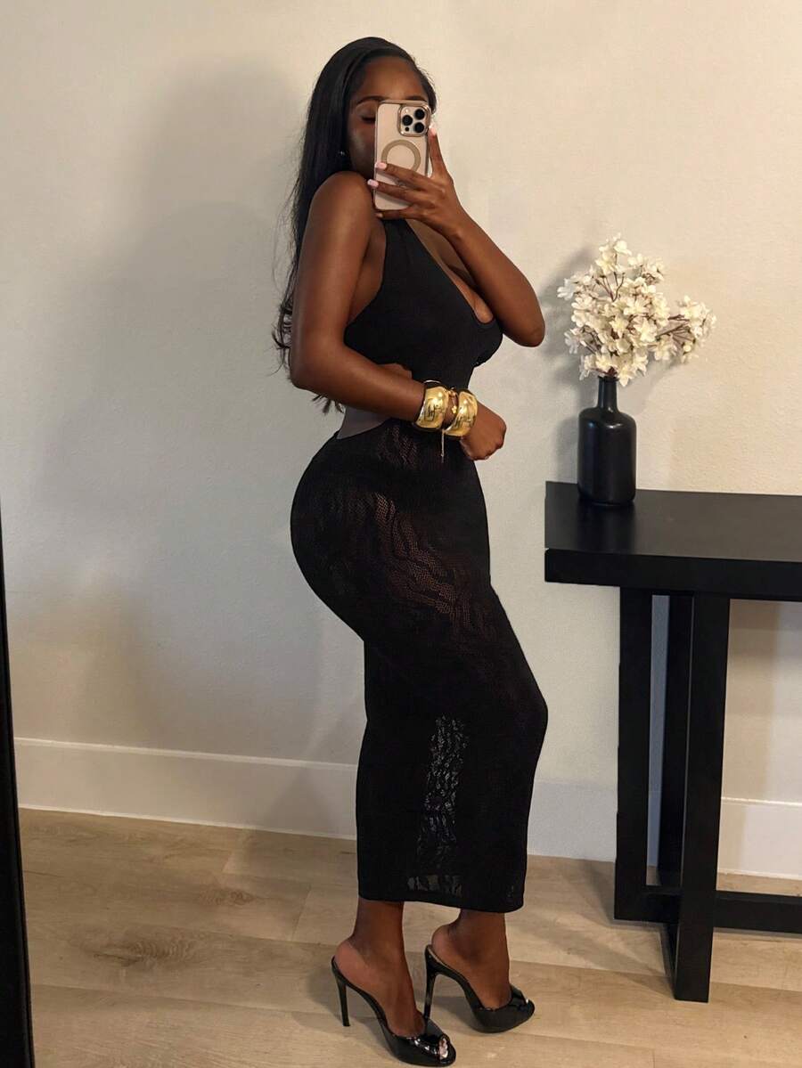Midnight Curve Mesh Halter Dress