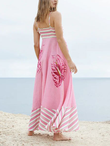 Floral Print Paneled Striped Suspender Mixi Dress - Airnori