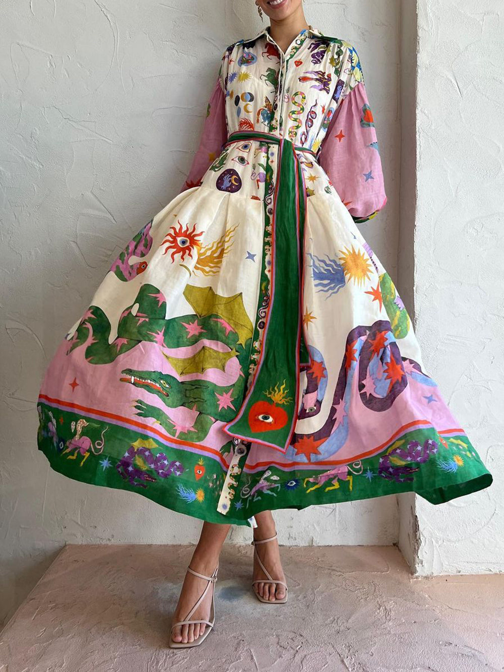 Pleated Long Sleeve Loose Dress - Airnori