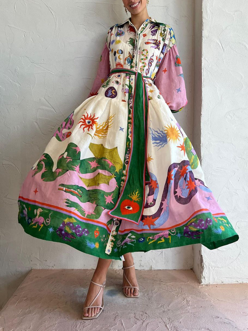 Pleated Long Sleeve Loose Dress - Airnori