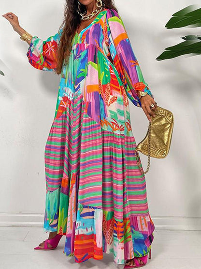 Oversized V-Neck Printed Maxi Dress - Airnori