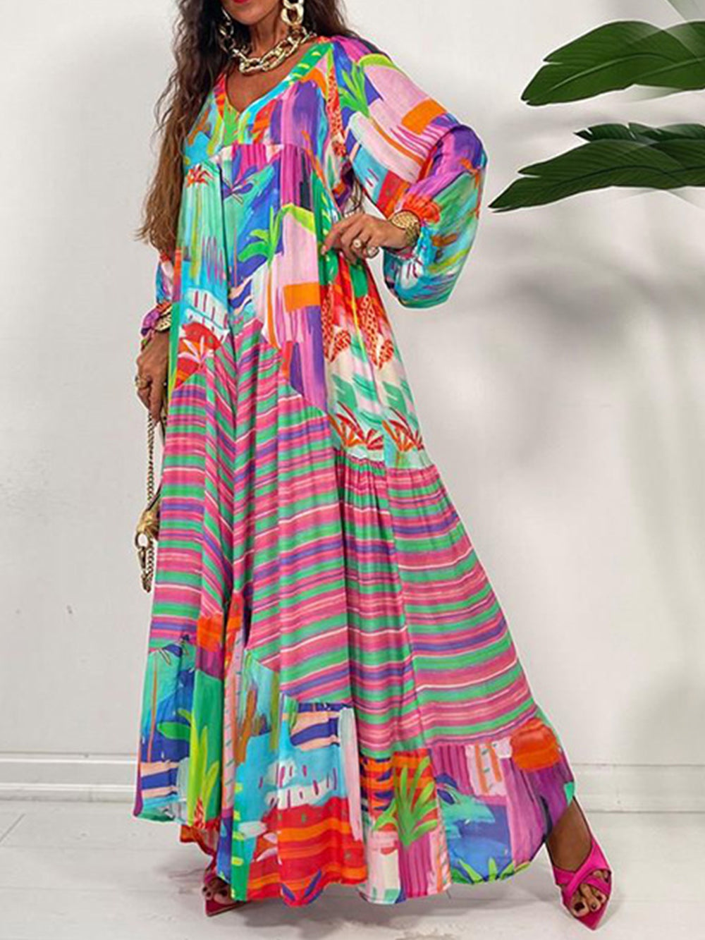 Oversized V-Neck Printed Maxi Dress - Airnori