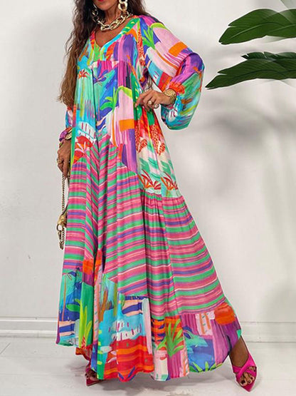 Oversized V-Neck Printed Maxi Dress - Airnori