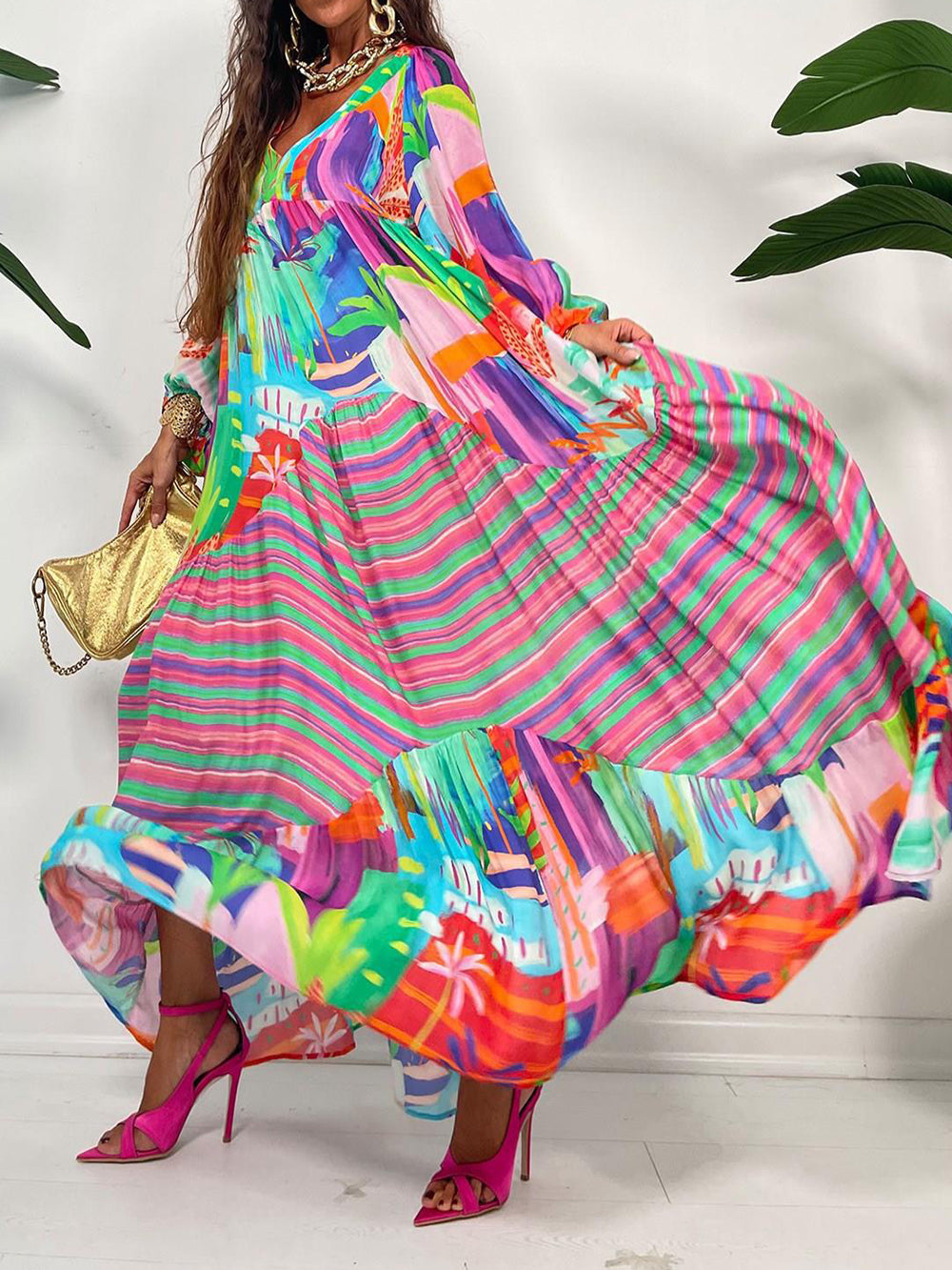 Oversized V-Neck Printed Maxi Dress - Airnori