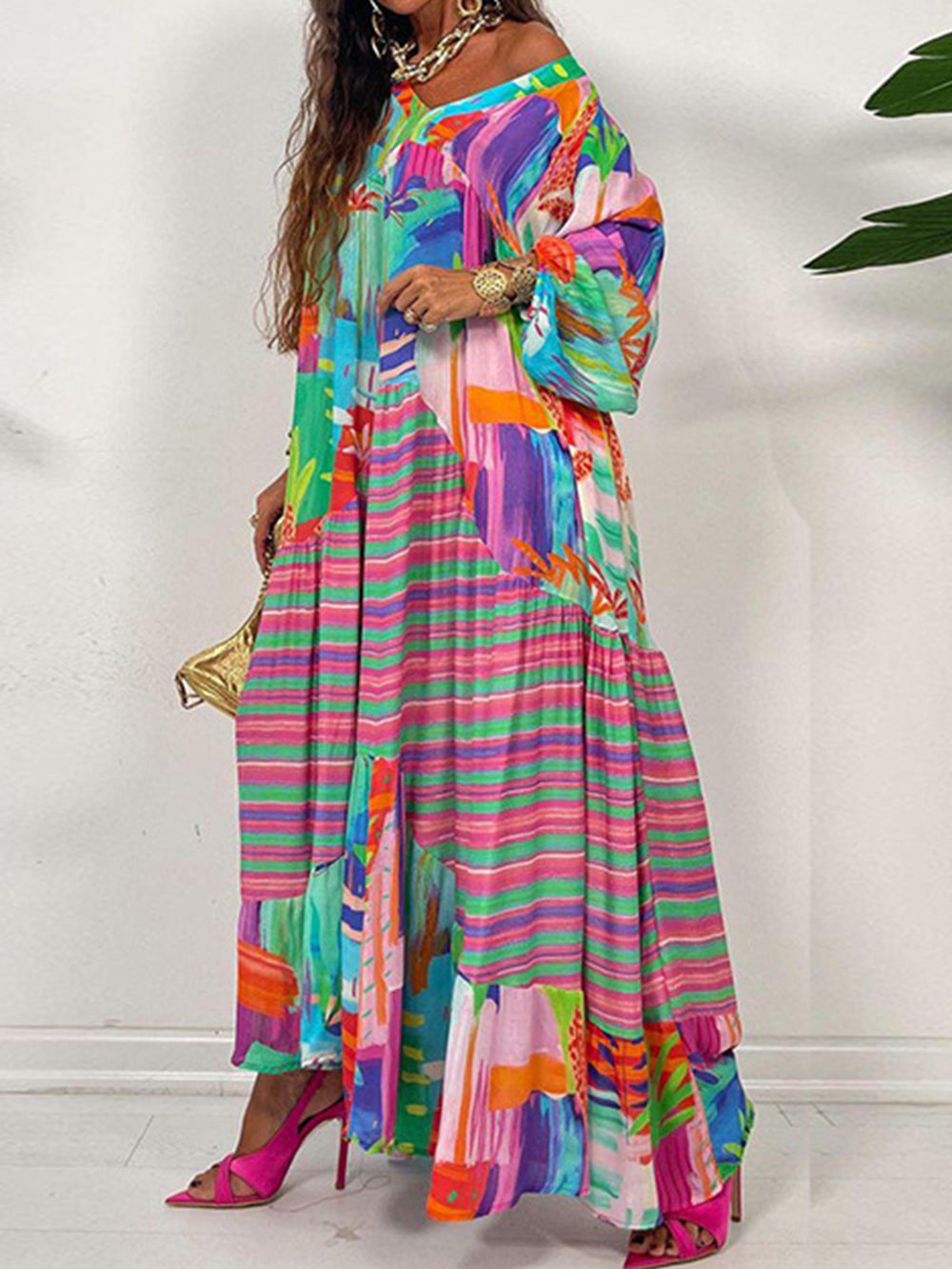 Oversized V-Neck Printed Maxi Dress - Airnori