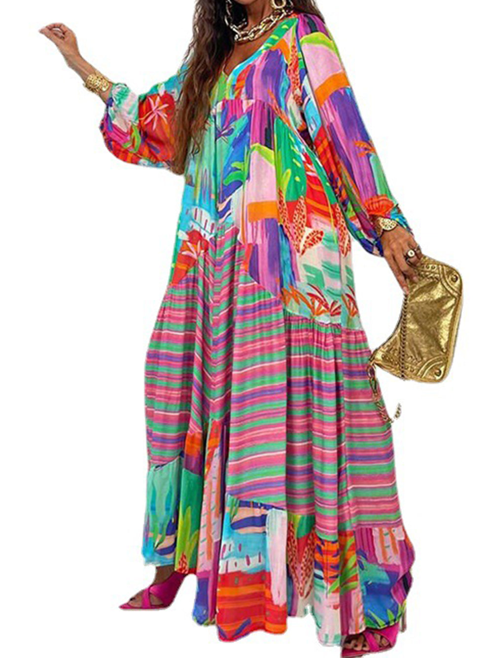 Oversized V-Neck Printed Maxi Dress - Airnori