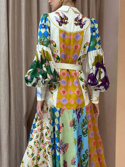 Fashion Graffiti Balloon Sleeve Long Irregular Dress - Airnori